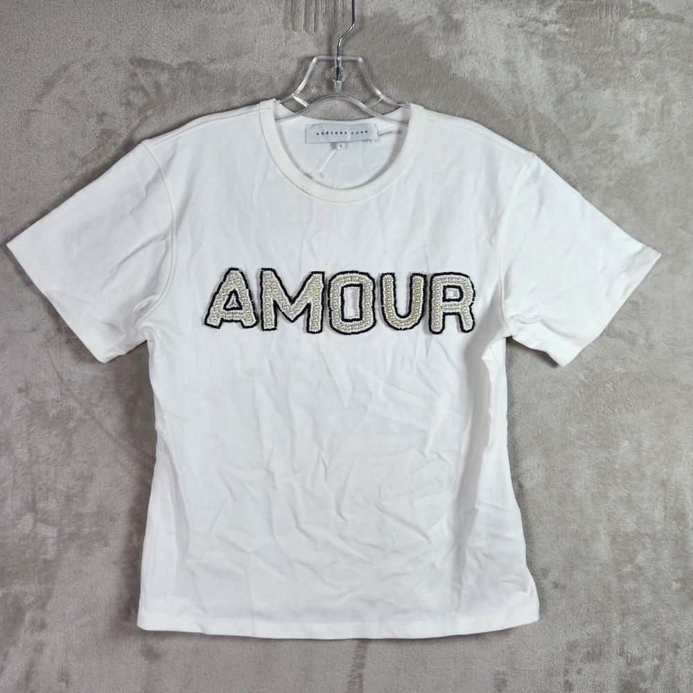 Endless Rose Amour Beaded T-Shirt Women S White Short Sleeve Pearl Graphic Tee